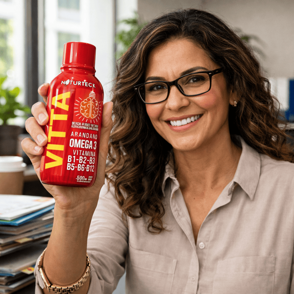 mujer con frasco landing vitta comprimida